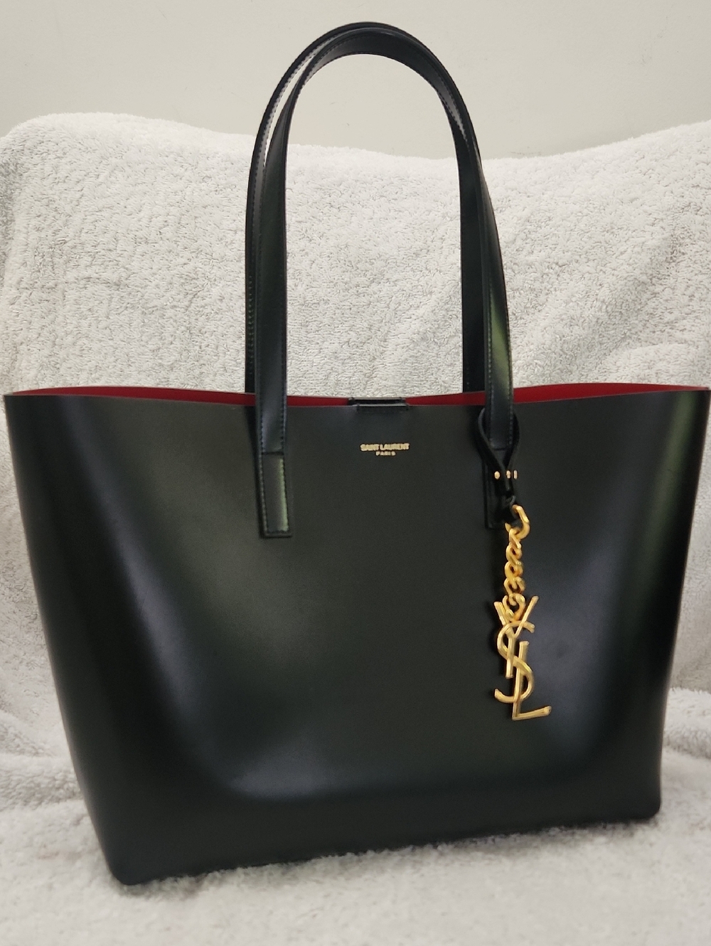 Saint Laurent Black Leather Tote with Red Interior and Gold YSL Charm NEW!